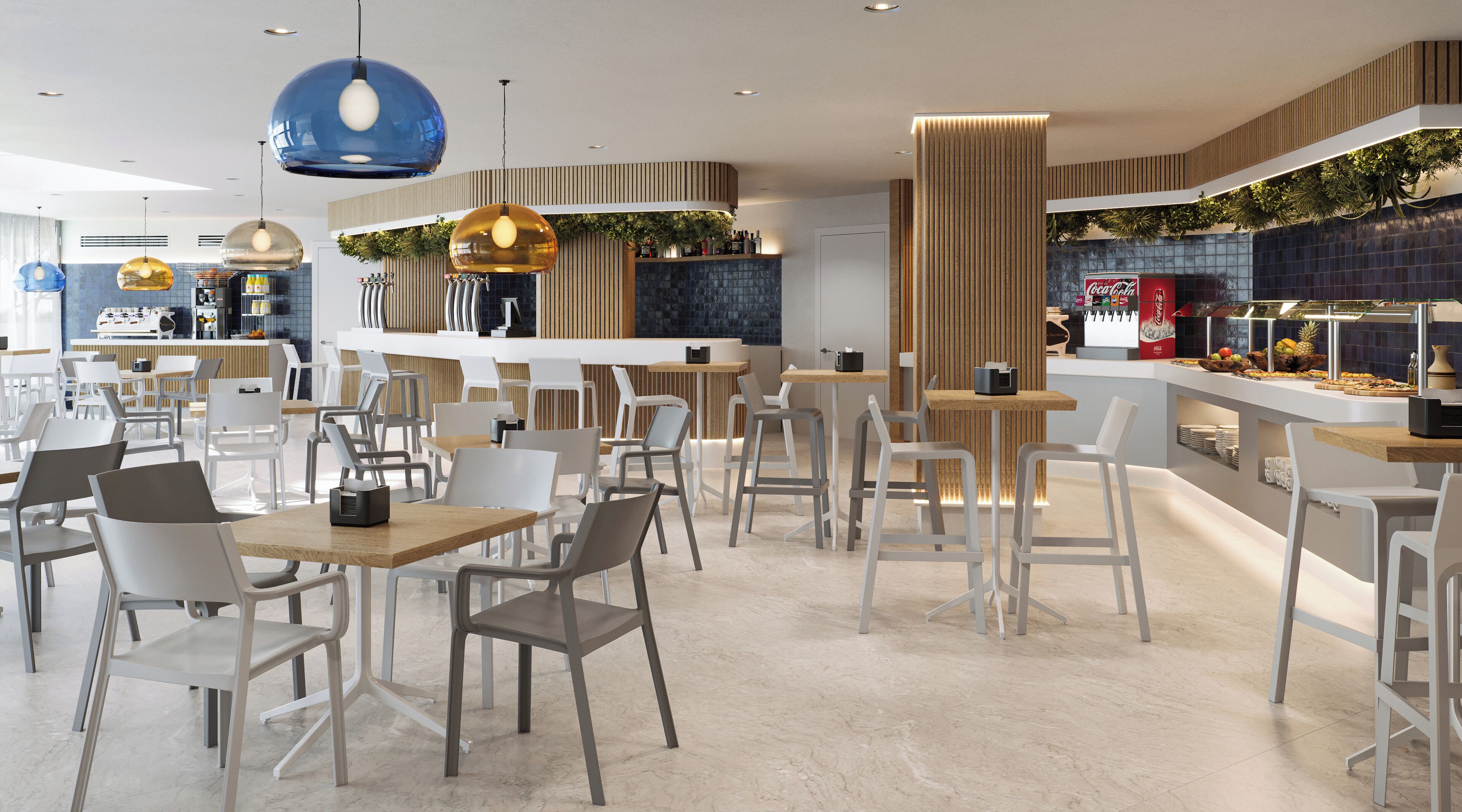 A modern restaurant with white chairs and tables, a counter with a Coca-Cola fridge, and hanging blue and amber pendant lights.