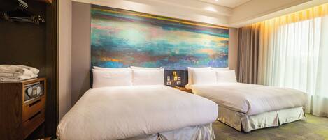 A hotel room with two beds, a large abstract painting on the wall, a wooden dresser, and a window with curtains.
