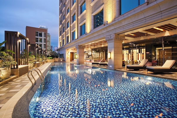 Outdoor pool, pool umbrellas, pool loungers