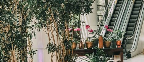 Un espacio interior amplio con una escalera moderna, plantas en macetas y una mesa de madera.