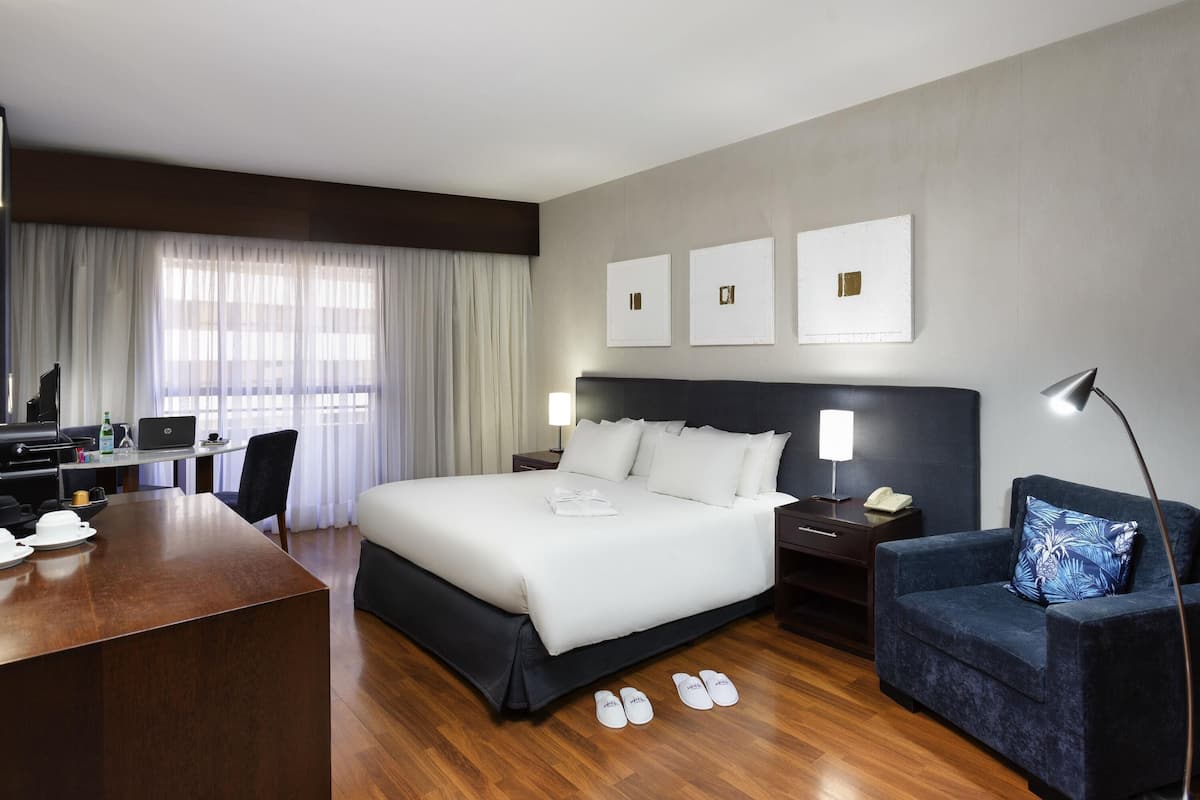 A hotel room with a bed, desk, chair, and a couch.