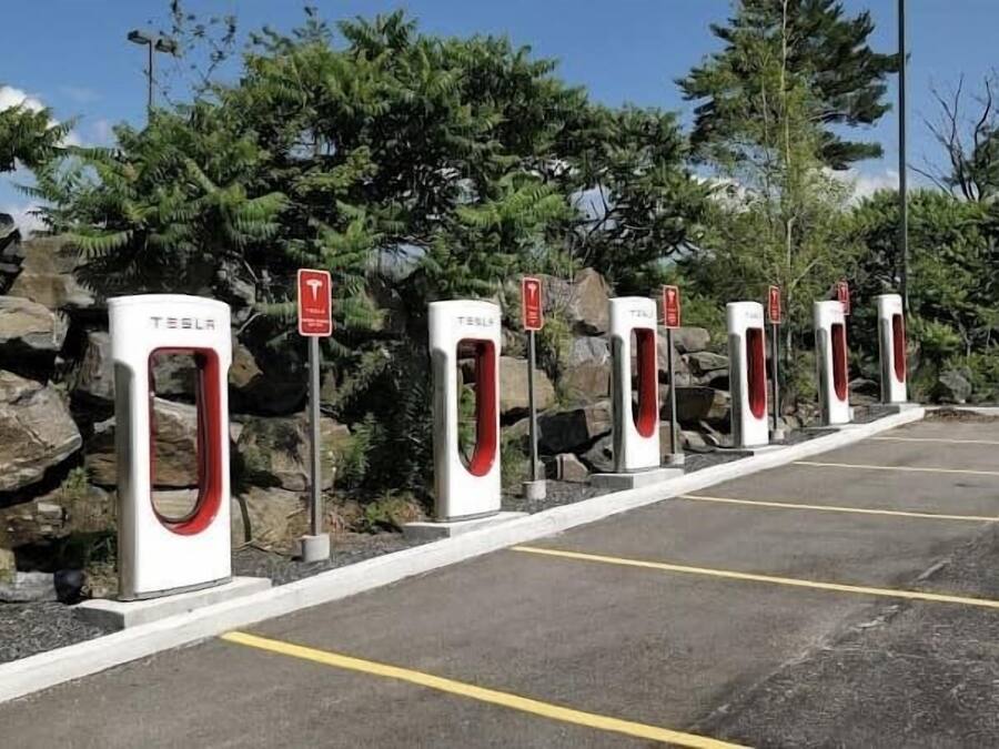 A row of Tesla charging stations in a parking lot with a stone wall and trees in the background.