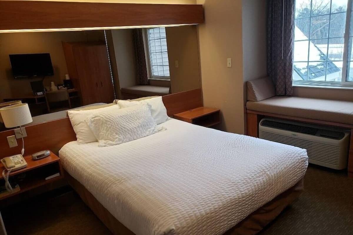A hotel room with a large bed, a bedside table with a lamp, a TV, a mirror, a window with a view, and a heater.