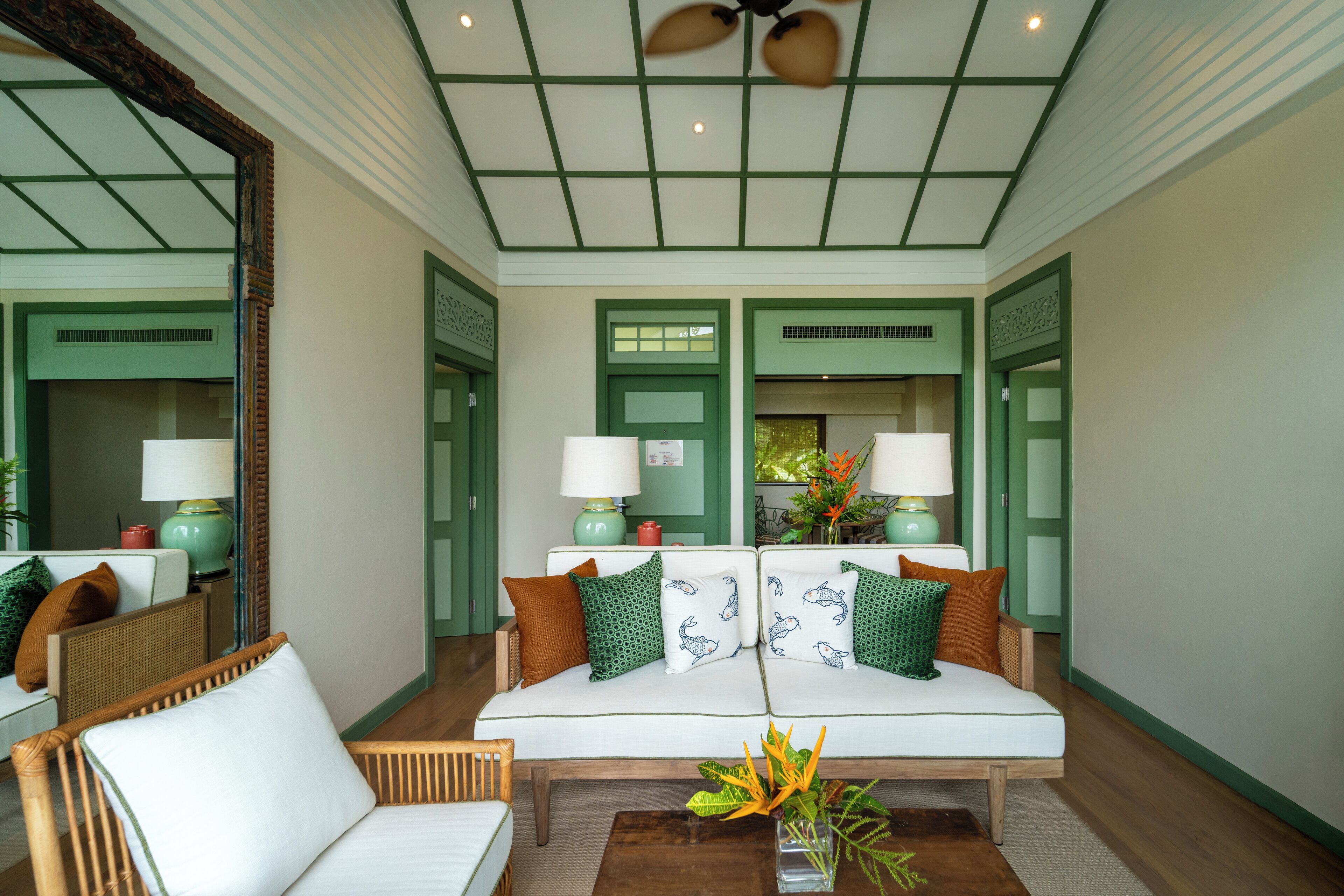 panwa two bedroom pool villa | living room | 32-inch lcd tv with cable channels, tv, dvd player