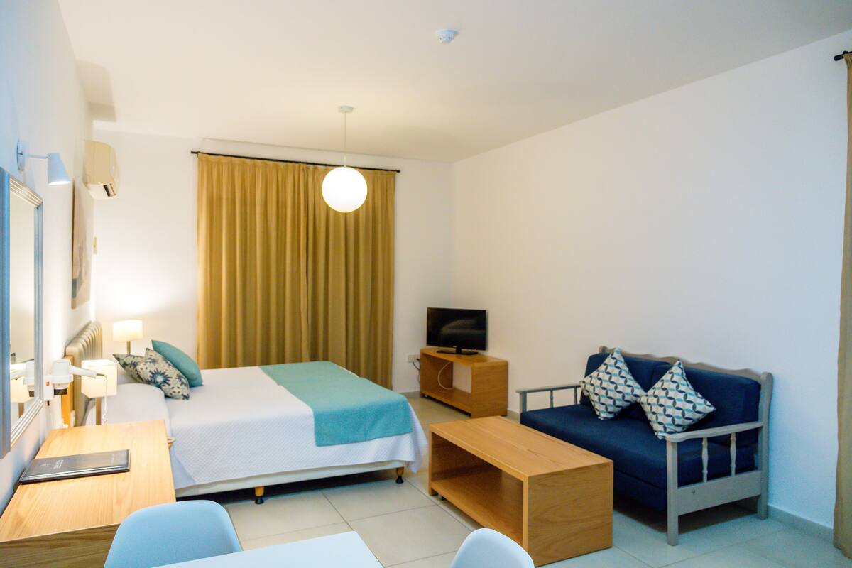 Une chambre d’hôtel avec un lit, un canapé, une télévision, un bureau et une chaise.