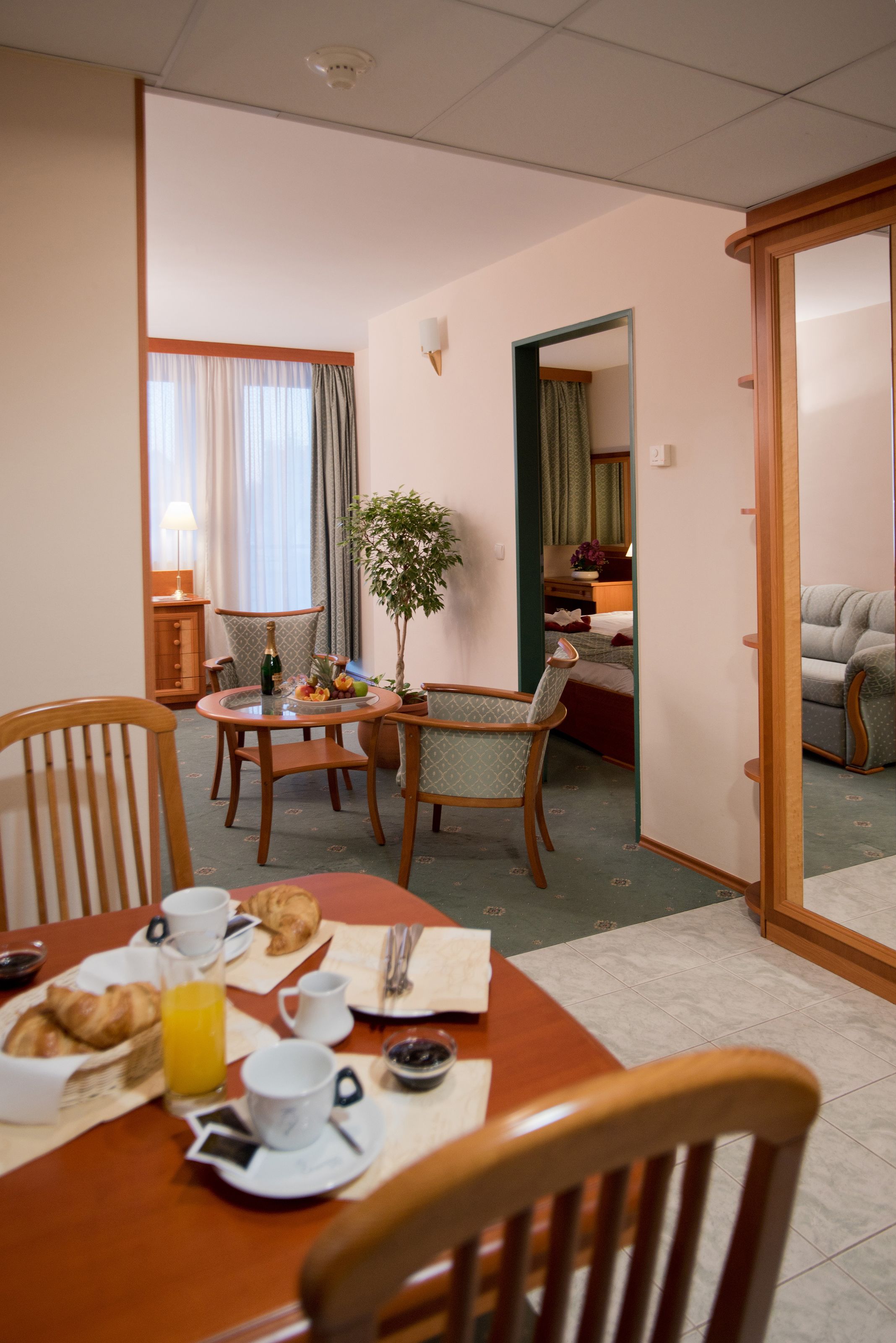 A dining area with a table set for breakfast, including croissants, juice, and a bottle of wine. There is a potted plant and a mirror on the wall.
