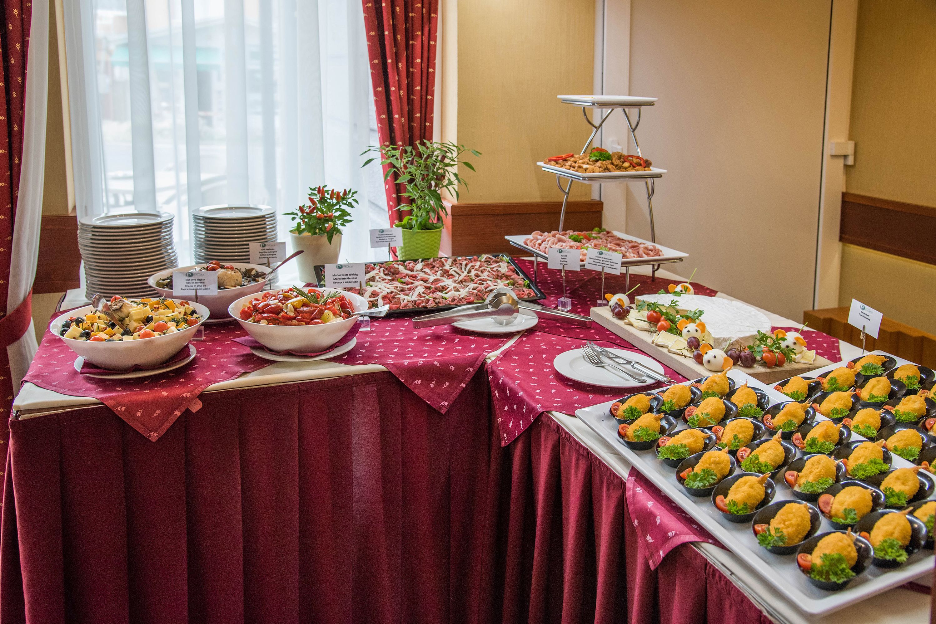 Une table de buffet avec divers plats et une plante.