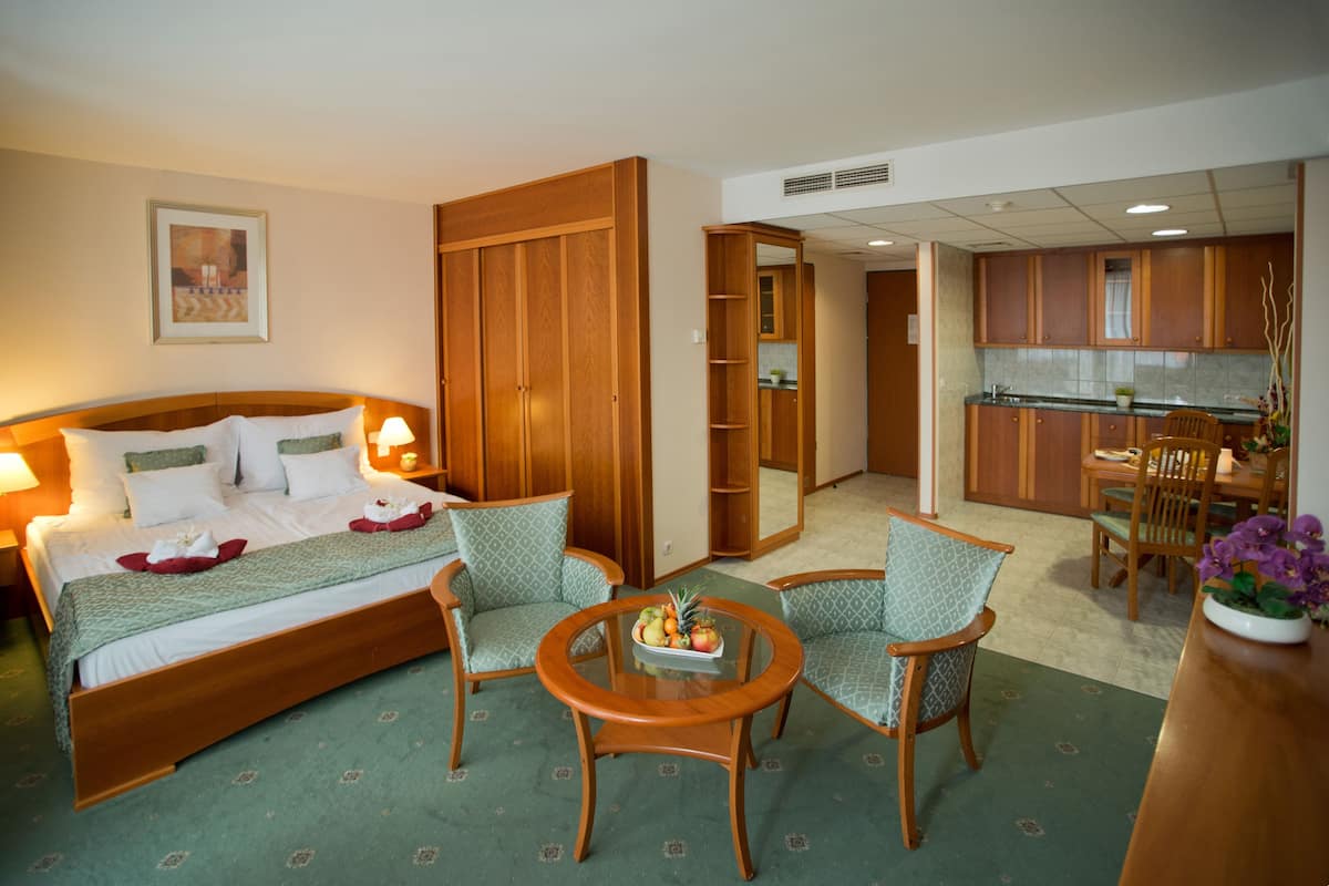 A hotel room with a bed, two chairs, a small table with fruit, a kitchen area, and a mirror.