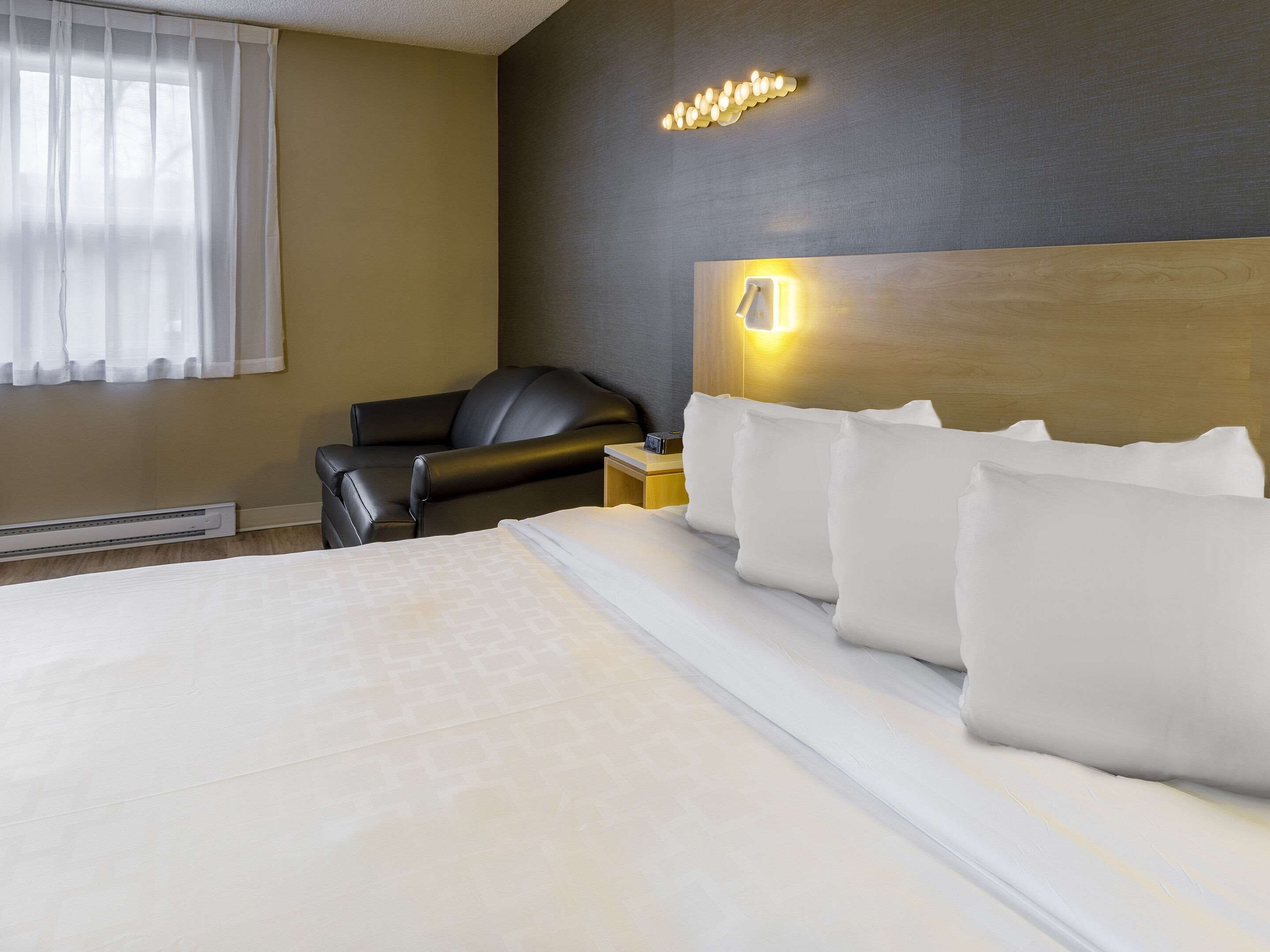 desk, laptop workspace, blackout curtains, iron/ironing board