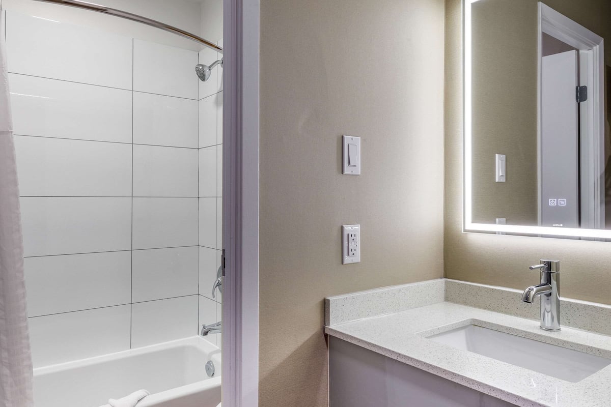 combined shower/bathtub, free toiletries, hair dryer, towels