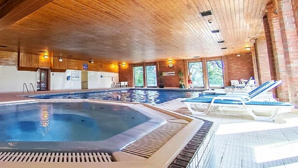 Een binnenzwembad met een whirlpool, ligbedden en een houten plafond.