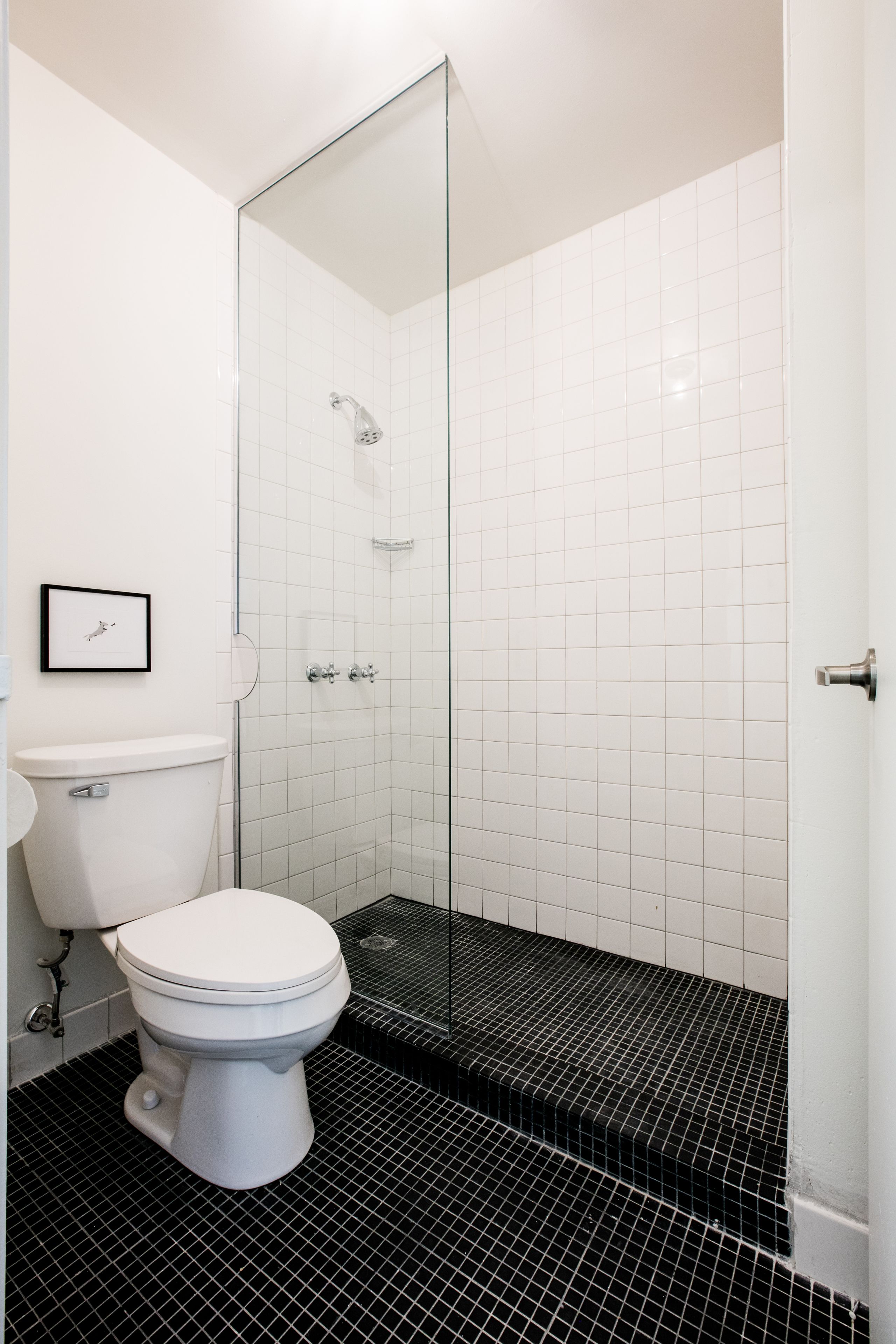A bathroom with a white toilet, a glass shower enclosure, and black-tiled flooring.