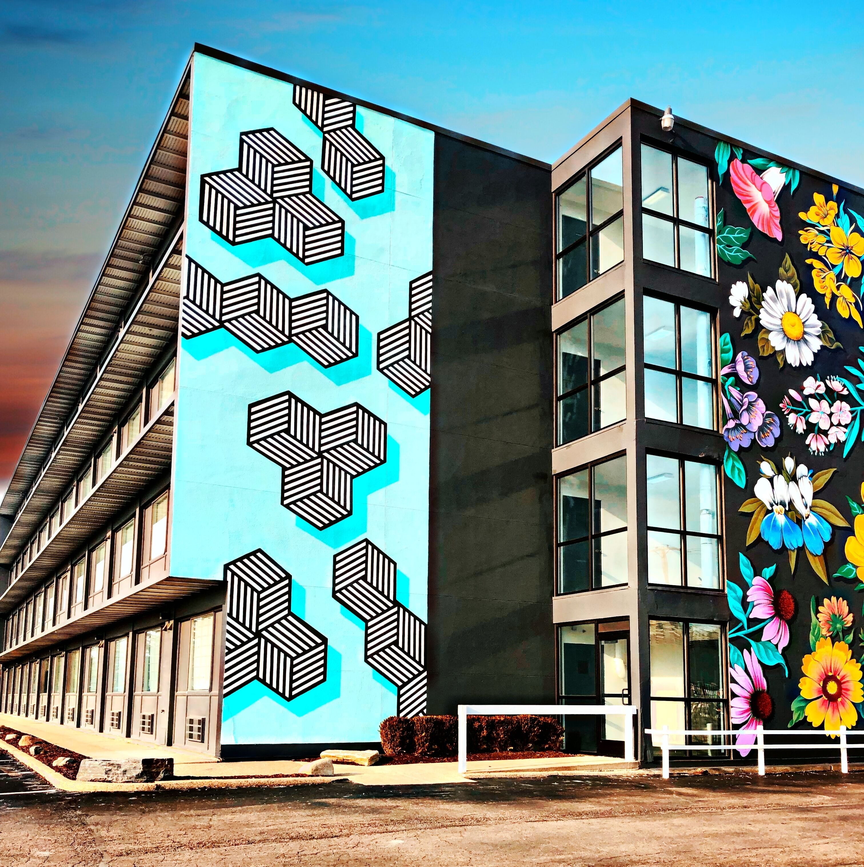 Een modern gebouw met een geometrisch patroon-muurschildering aan de ene kant en een kleurrijke bloemen-muurschildering aan de andere kant.