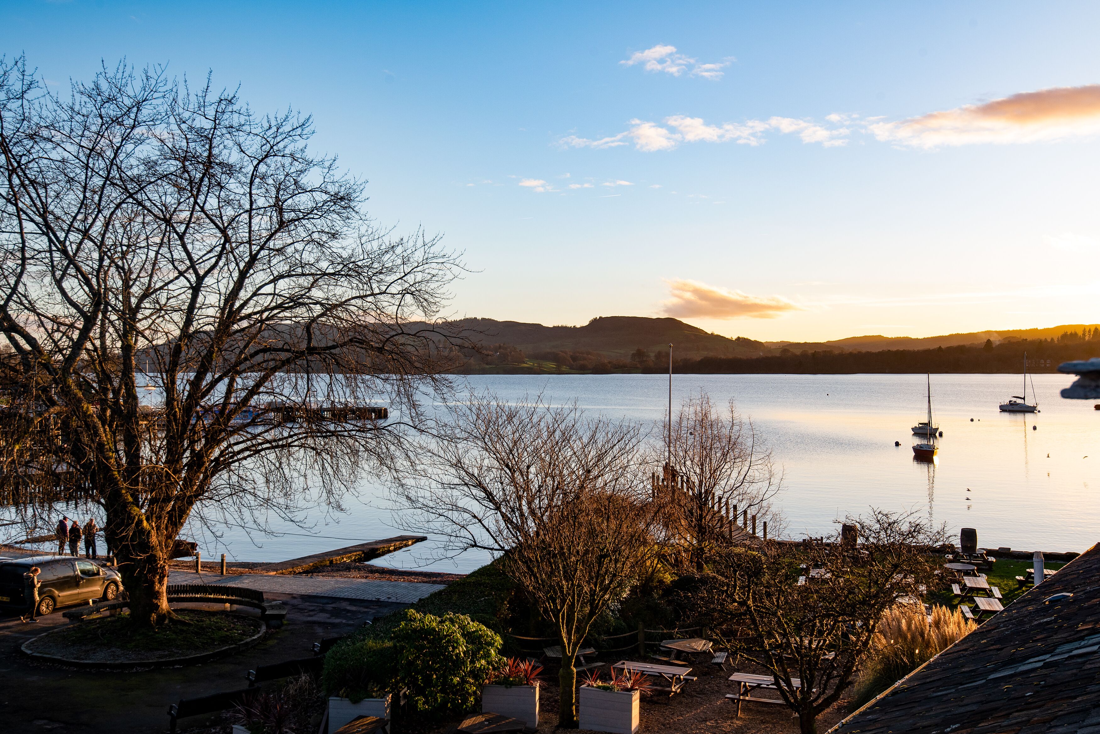 A lakeside view with boats, a tree, and a bench area.