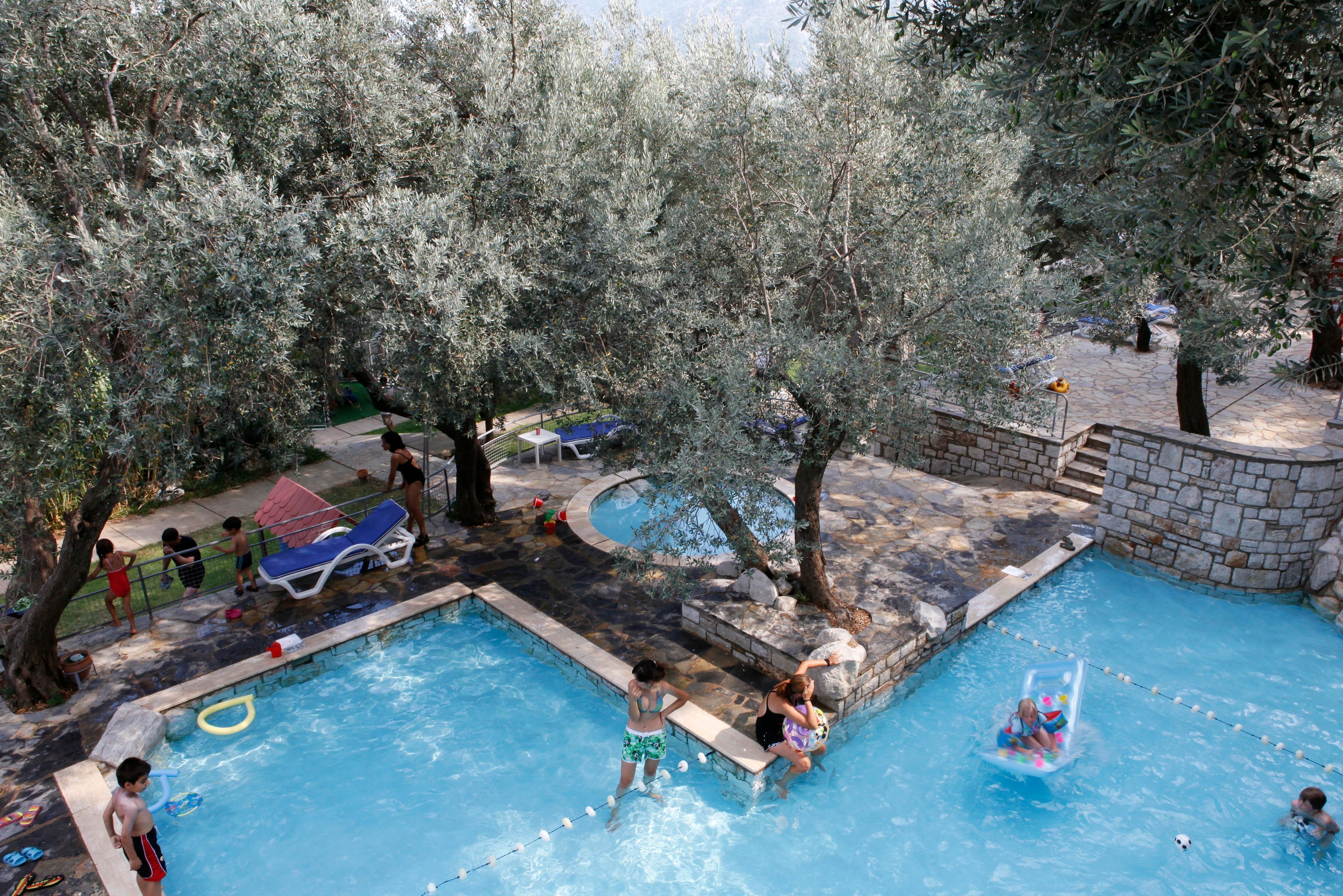 Una piscina rodeada de árboles y escalones de piedra.