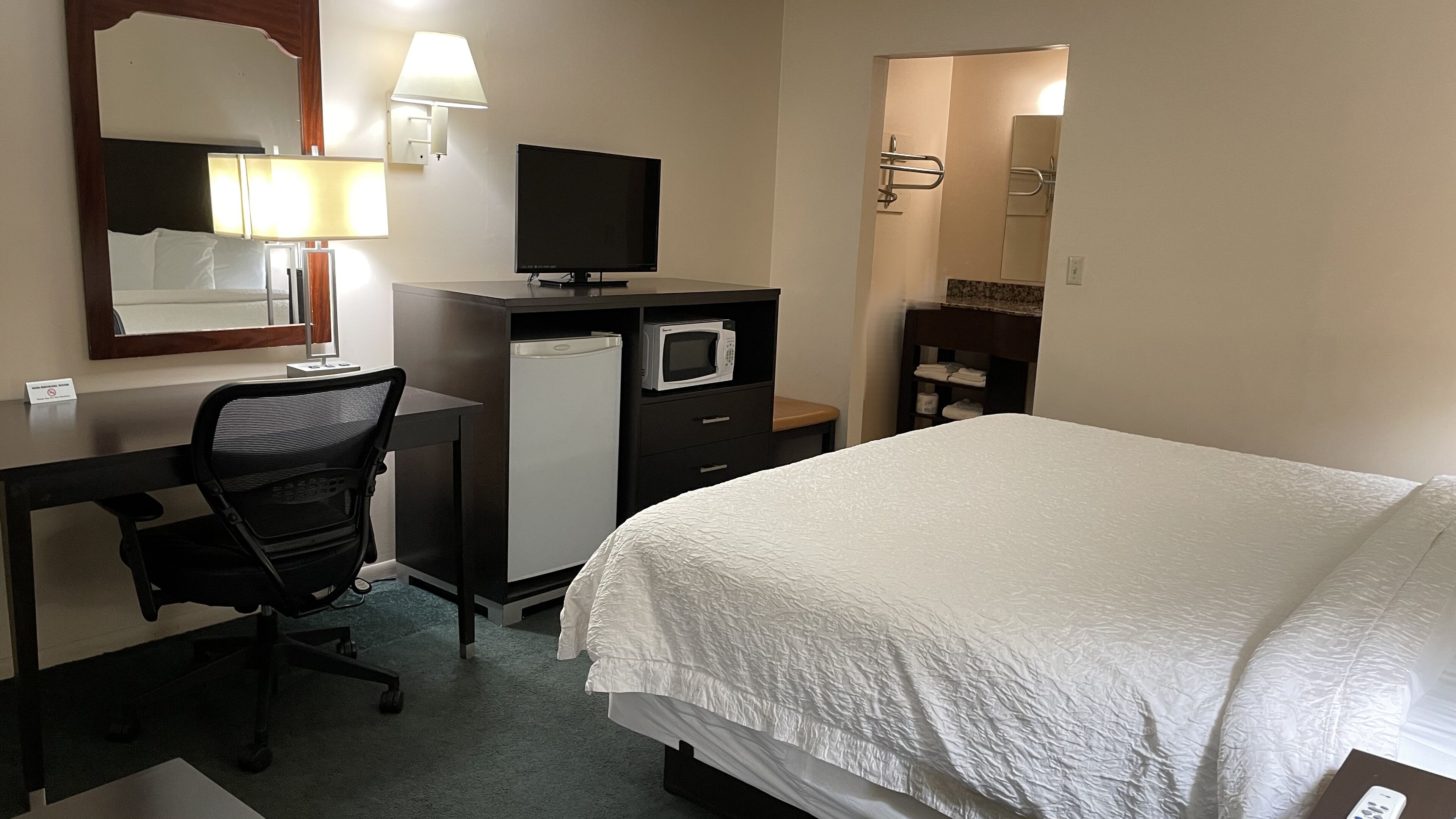A hotel room with a bed, desk, chair, television, microwave, and a mirror.