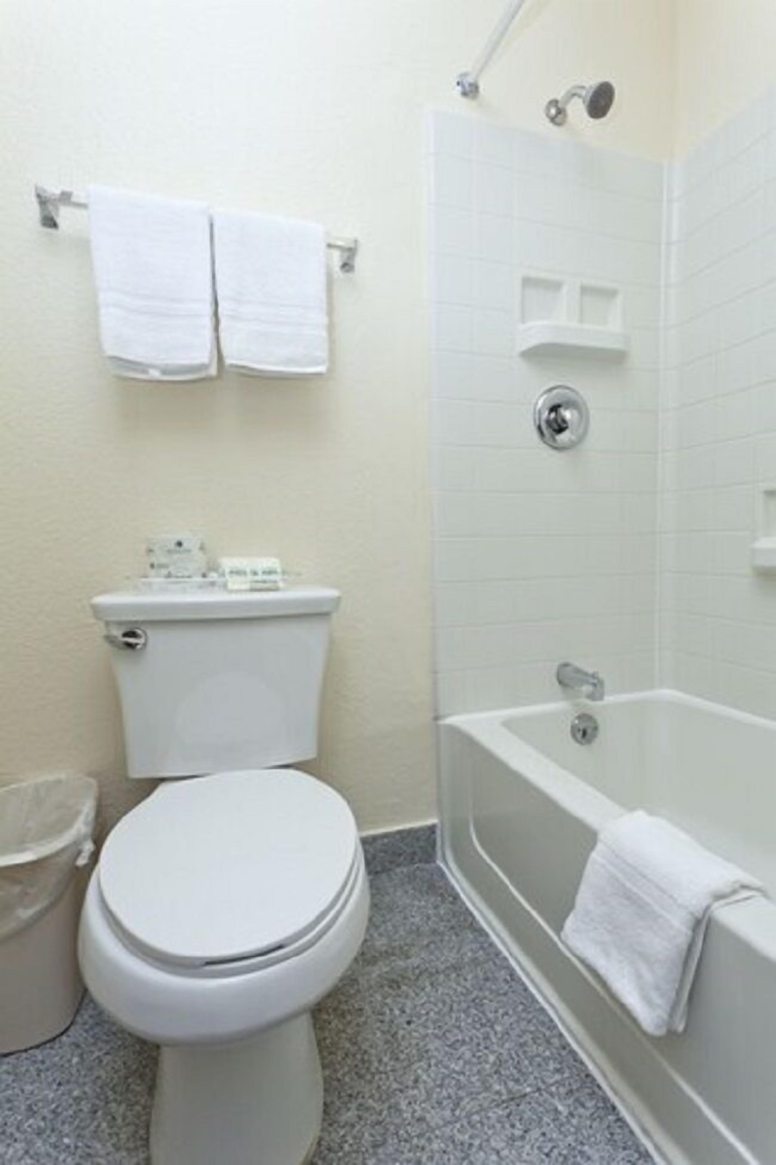 A bathroom with a toilet, a shower, and two white towels hanging on a rack.
