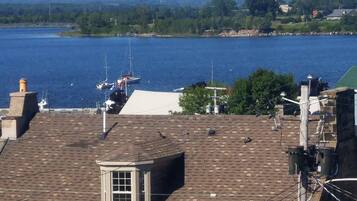 A view of a waterfront property with a brick roof, a small windowed structure, and a view of boats on the water.