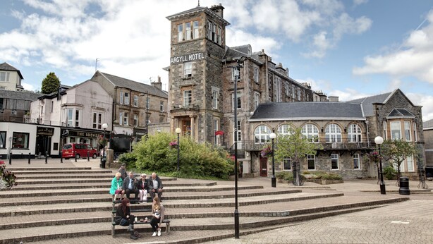 A historic building with a tower labeled "ARGYLL HOTEL." - The Argyll Hotel (Dunoon)