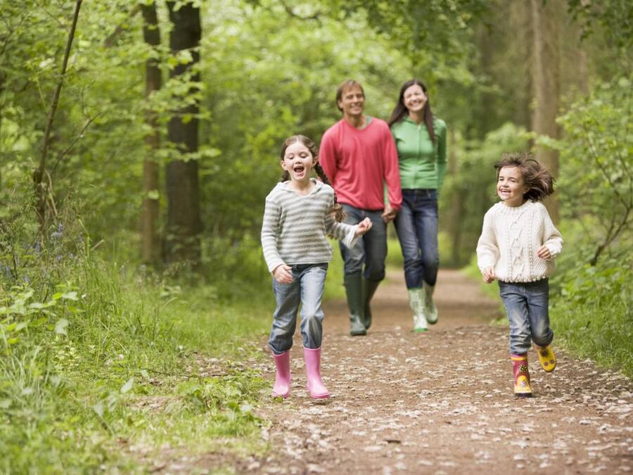 A family walking on a dirt path in a forested area.