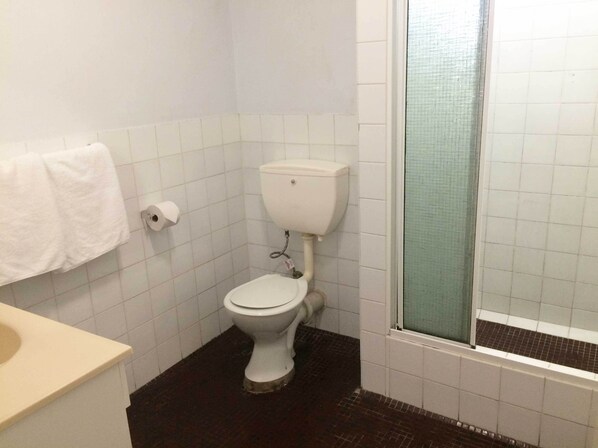 A small bathroom with a toilet, a sink, and a shower.