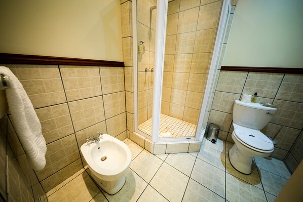 A bathroom with a shower, bidet, toilet, and a towel hanging on the wall. - Le Manoir de Brendel (Franschhoek)