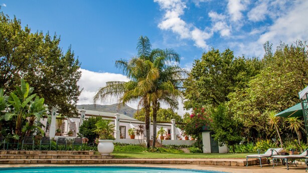 Una piscina rodeada de exuberante vegetación y un edificio blanco, con una montaña al fondo.
