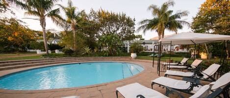 Outdoor pool, pool umbrellas, pool loungers