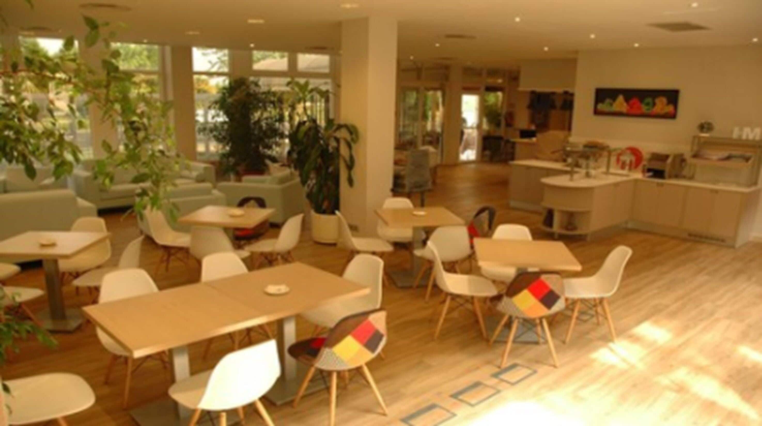 Un espacio interior amplio con diversas opciones de asientos, incluyendo mesas y sillas, una planta central y una cocina al fondo.