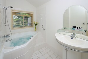 Combined shower/tub, deep soaking tub, free toiletries, hair dryer