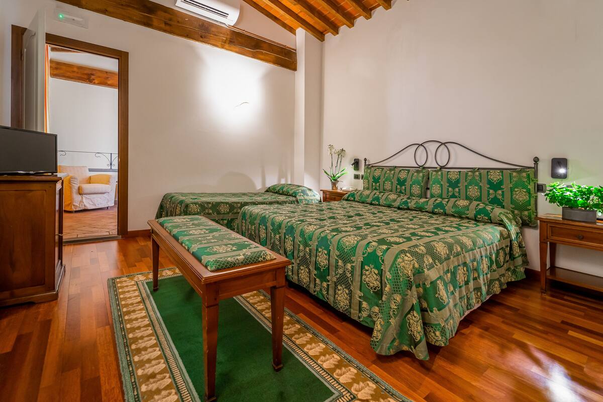 A bedroom with two beds, a wooden table, a TV, and a potted plant.