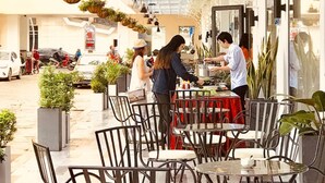 Café al aire libre con mesas y sillas, plantas colgantes y techo de vidrio.