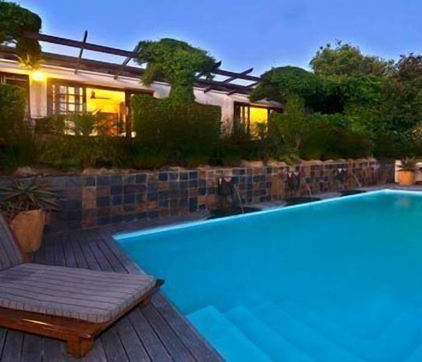 Outdoor pool, pool umbrellas, pool loungers