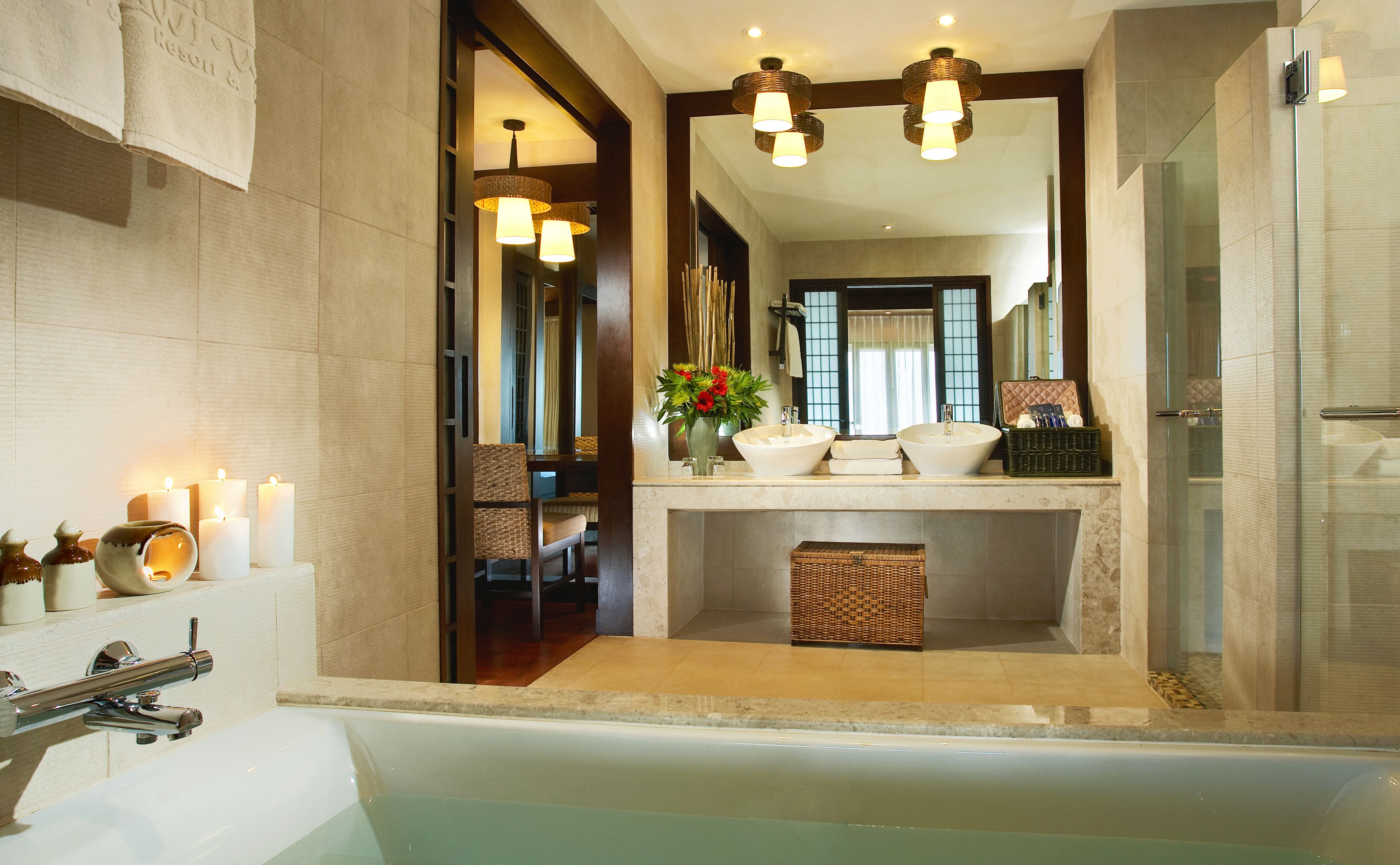 sunset pool villa | bathroom | separate bathtub and shower, rainfall showerhead, free toiletries