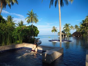 A pool area with a view of the ocean, surrounded by palm trees and a thatched-roof structure.