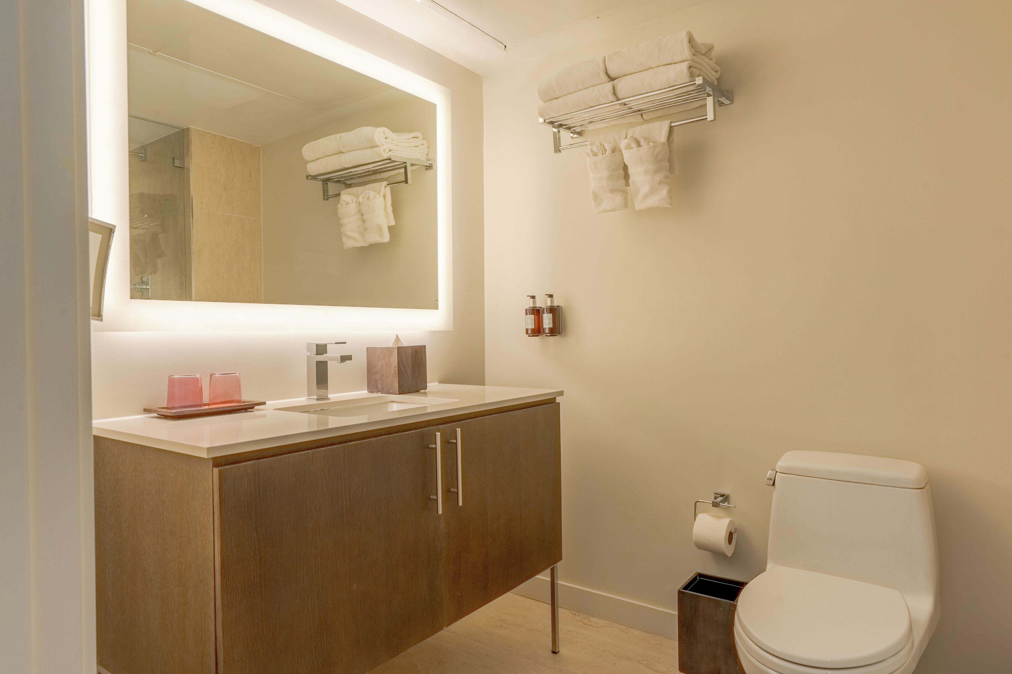 eco-friendly toiletries, hair dryer, towels, soap