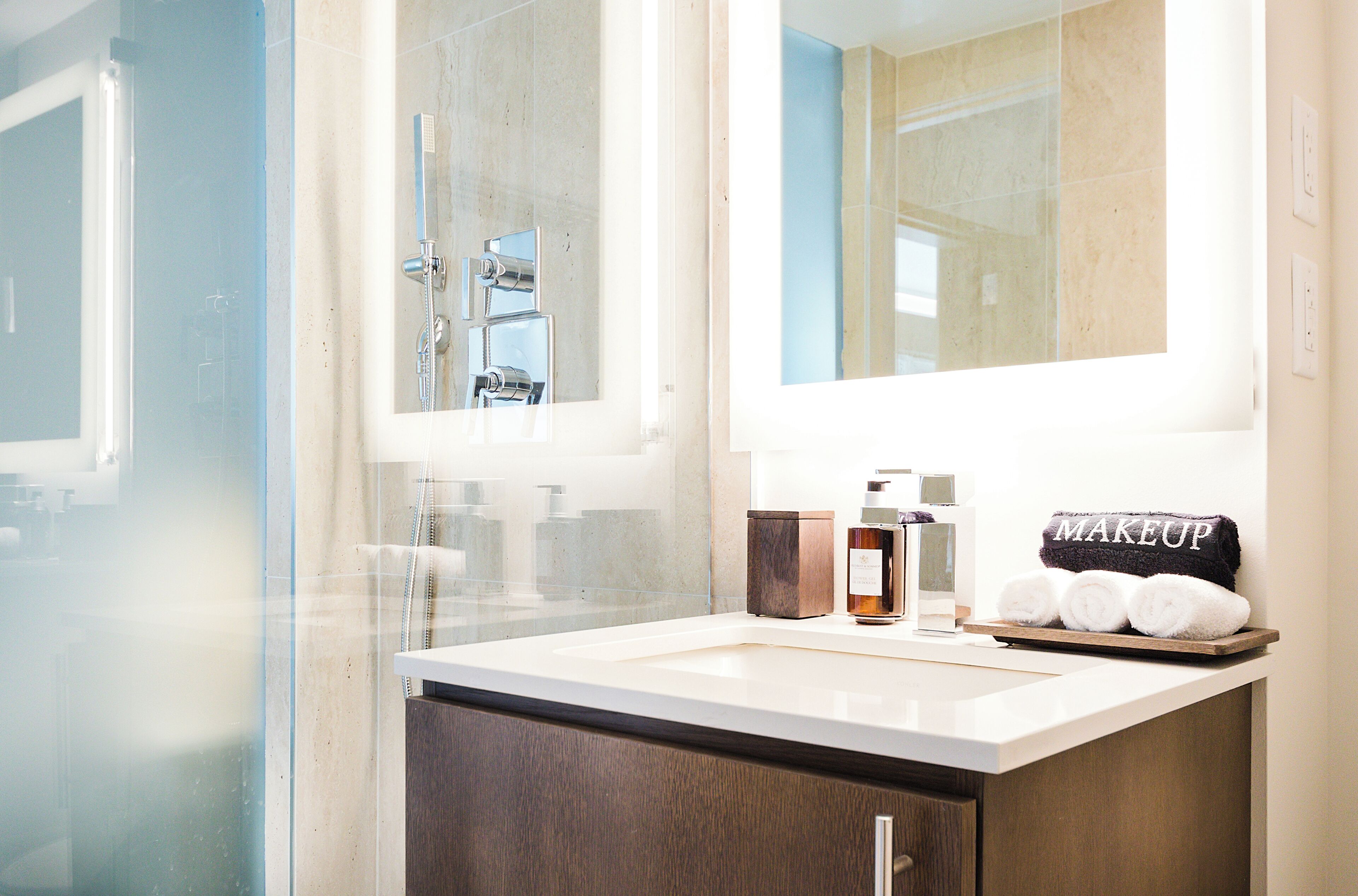 eco-friendly toiletries, hair dryer, towels, soap