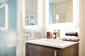 Eco-friendly toiletries, hair dryer, towels, soap
