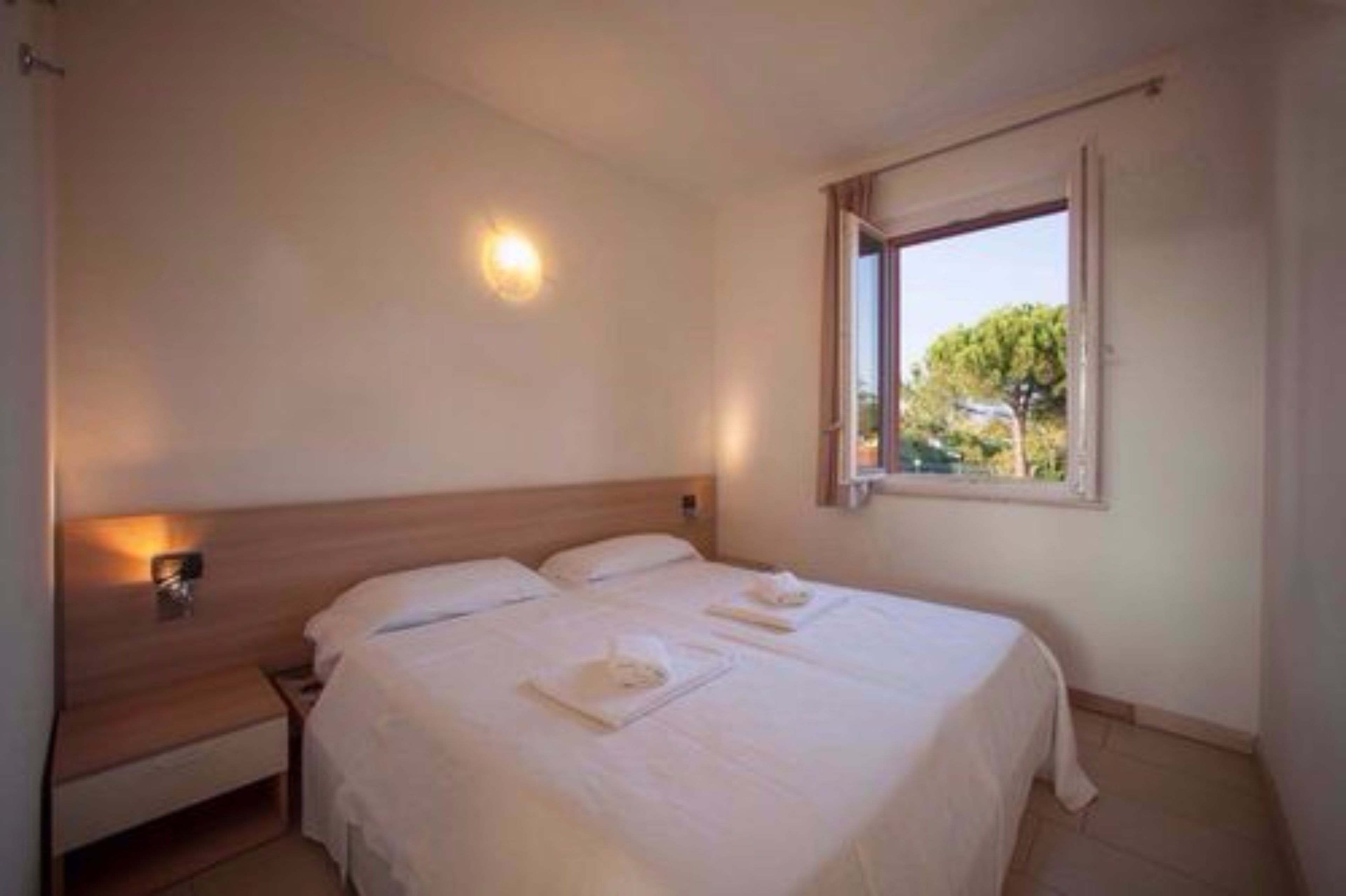 A hotel room with a single bed, a nightstand, a wall-mounted lamp, and a window with a view of trees.
