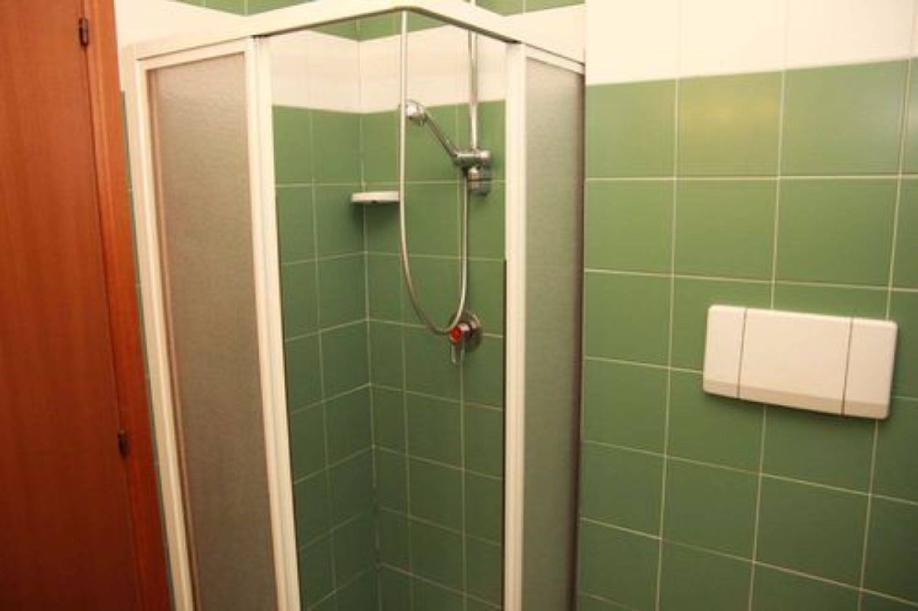 Une douche avec une porte en verre, des murs recouverts de carreaux verts et un interrupteur blanc.