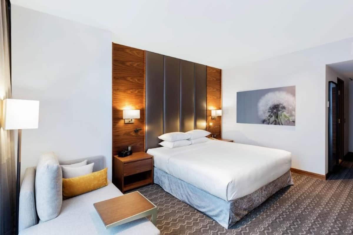 Habitación de hotel con cama, mesitas de noche, sofá, lámpara, obra de arte colgada en la pared y alfombra estampada.