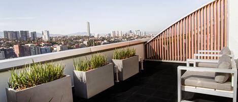 A rooftop terrace with a city view, potted plants, and a white sofa.