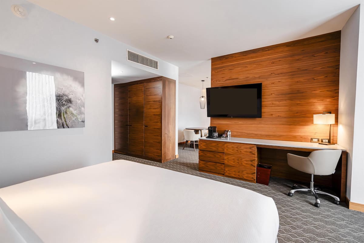 Una habitación de hotel con cama, escritorio con silla, televisor y televisor de pared.