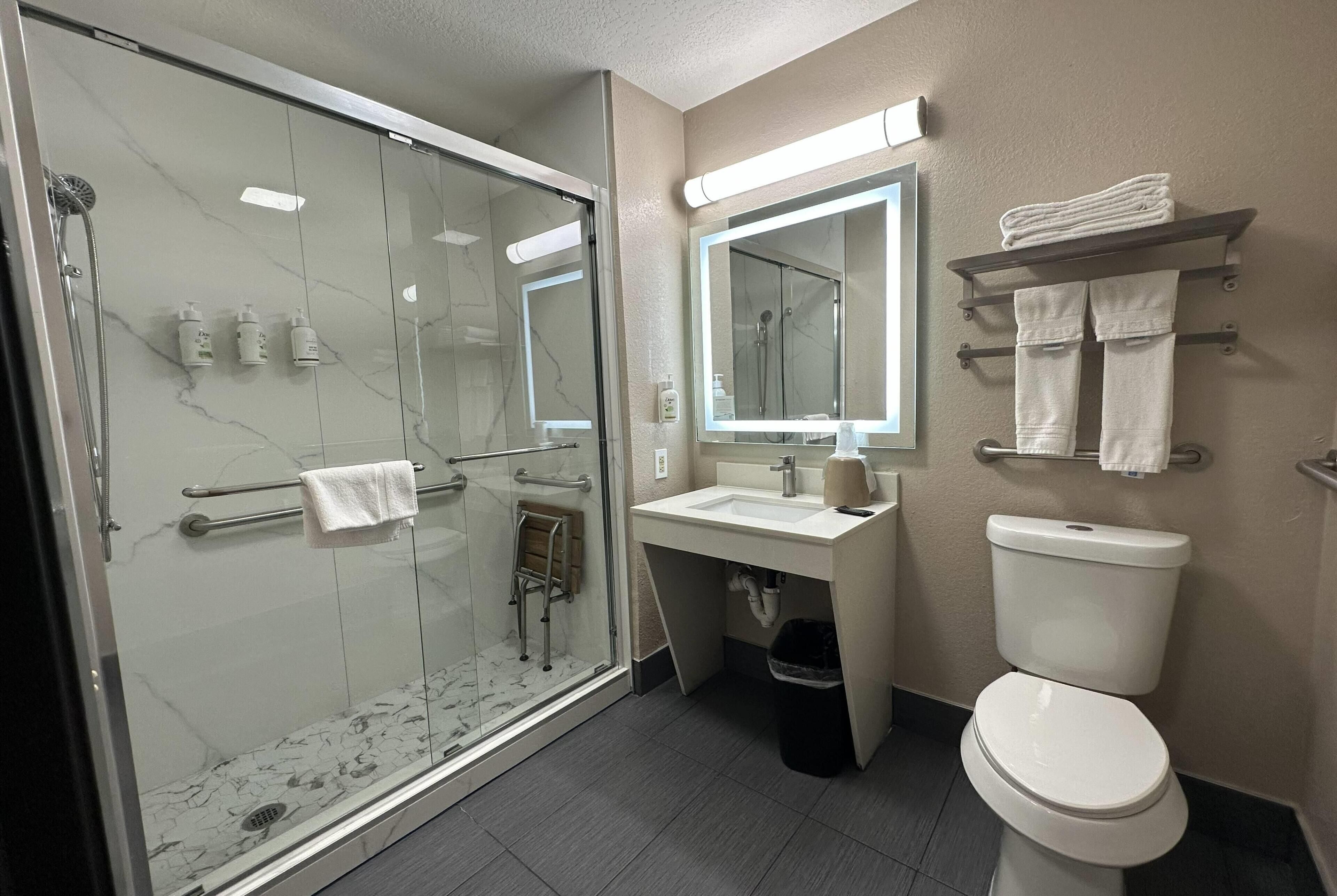 Combined shower/tub, free toiletries, hair dryer, towels