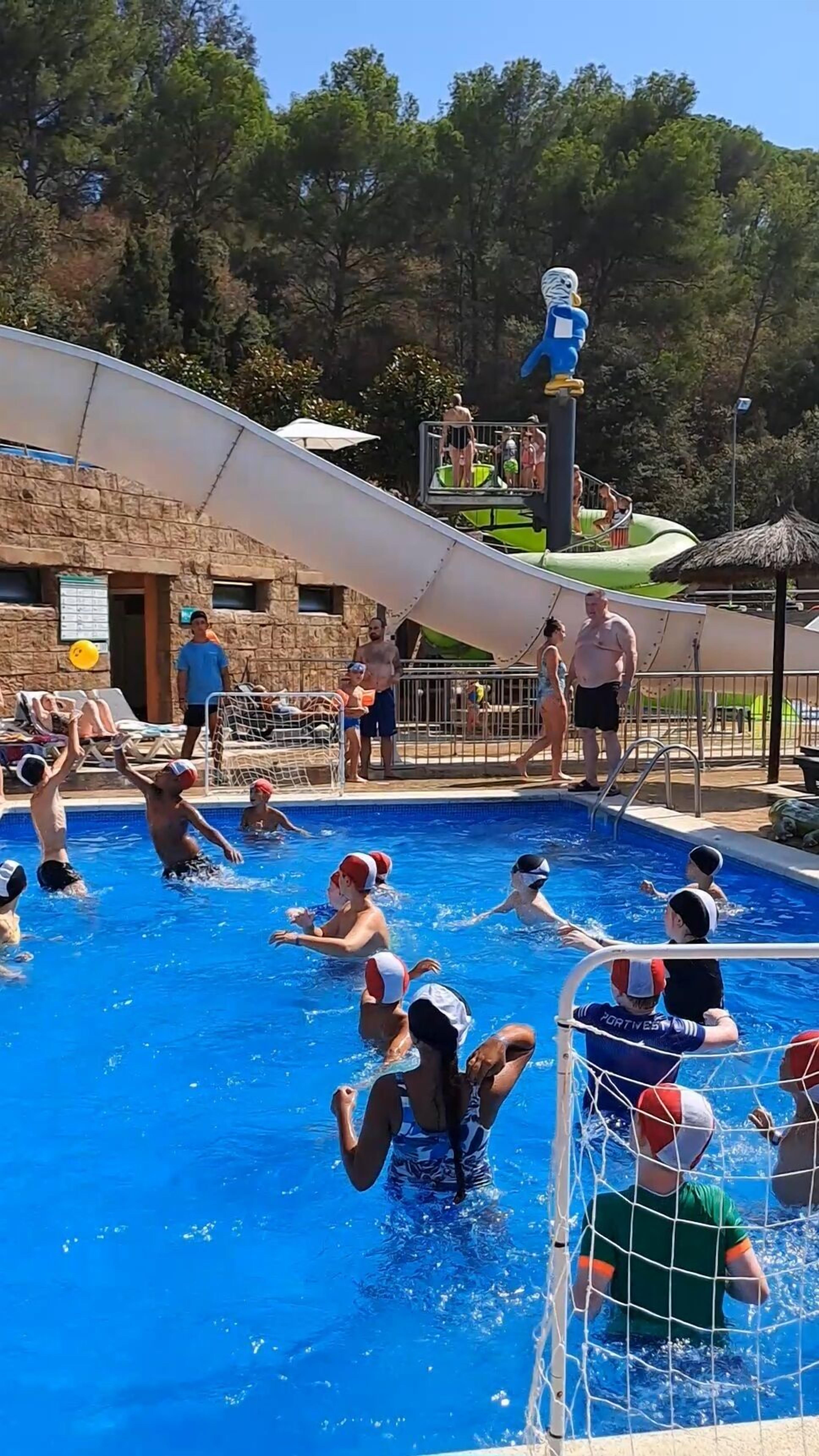 A swimming pool area with a water slide, a diving platform, and people swimming and playing.