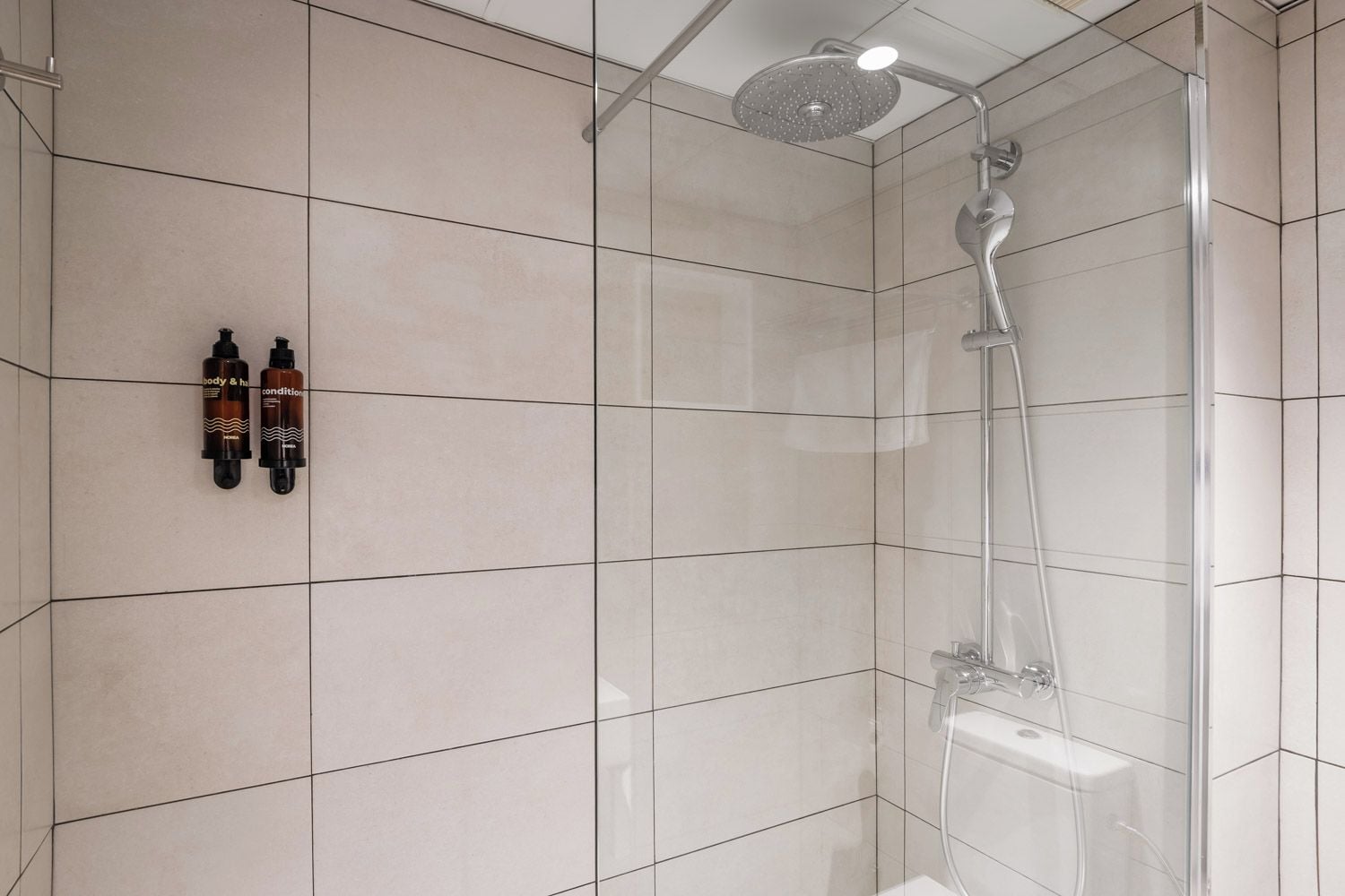 Eine moderne Dusche mit Glasabtrennung, Duschbrause und Handbrause.
