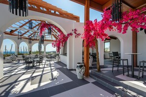 An outdoor patio with tables and chairs, a pergola with pink flowers, and a view of the sea.