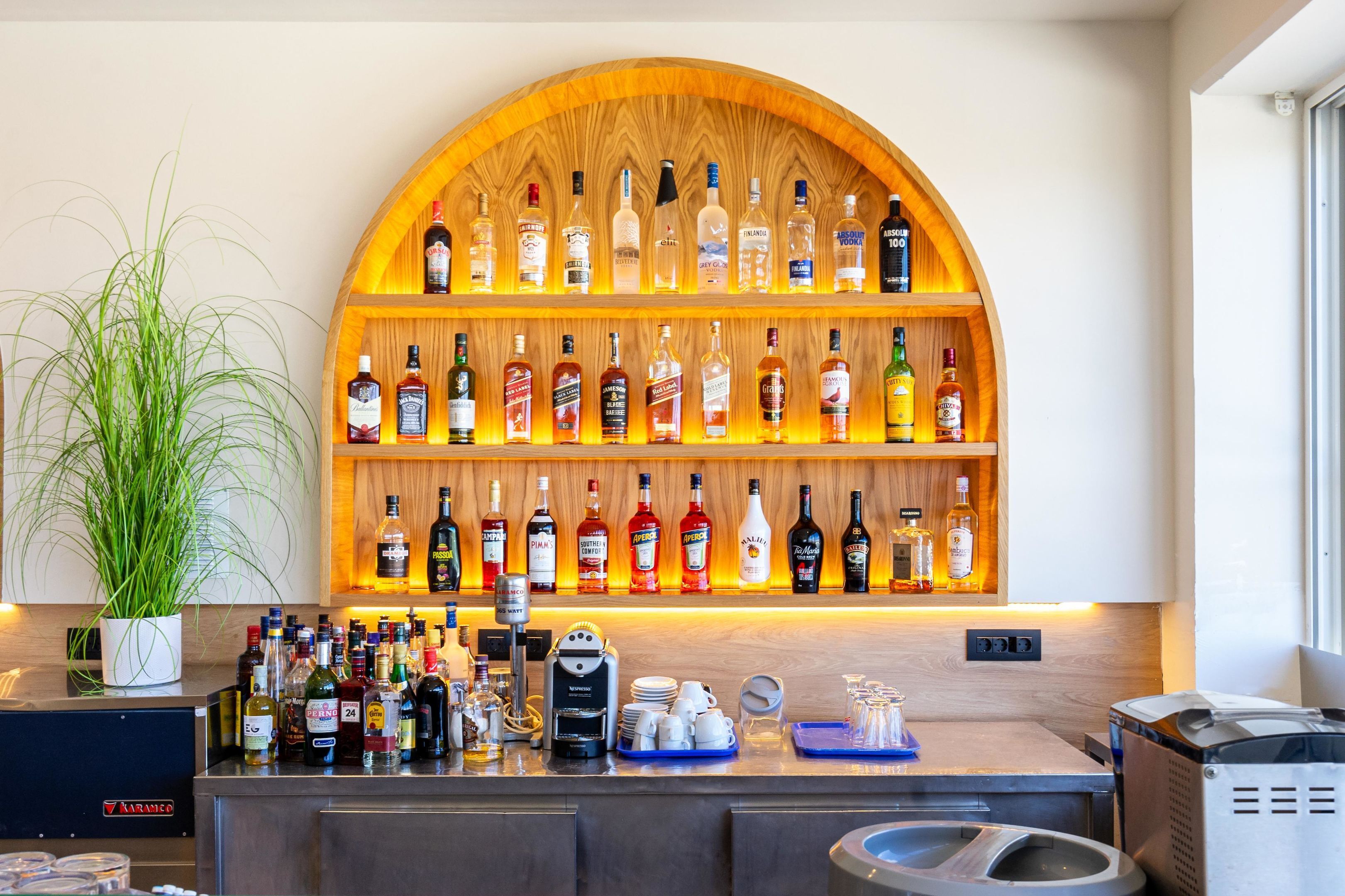 Un espace bar avec plusieurs étagères remplies de bouteilles d’alcool, une machine à café et une plante en pot.