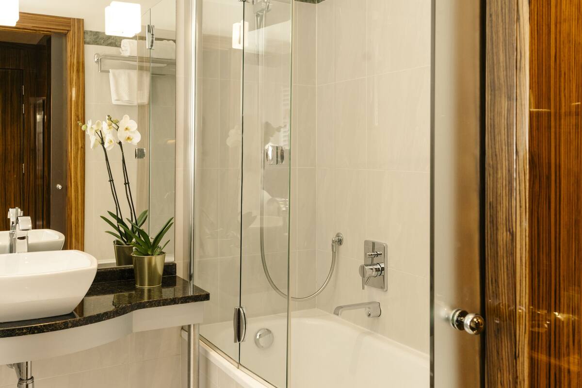 combined shower/bathtub, designer toiletries, hair dryer, slippers