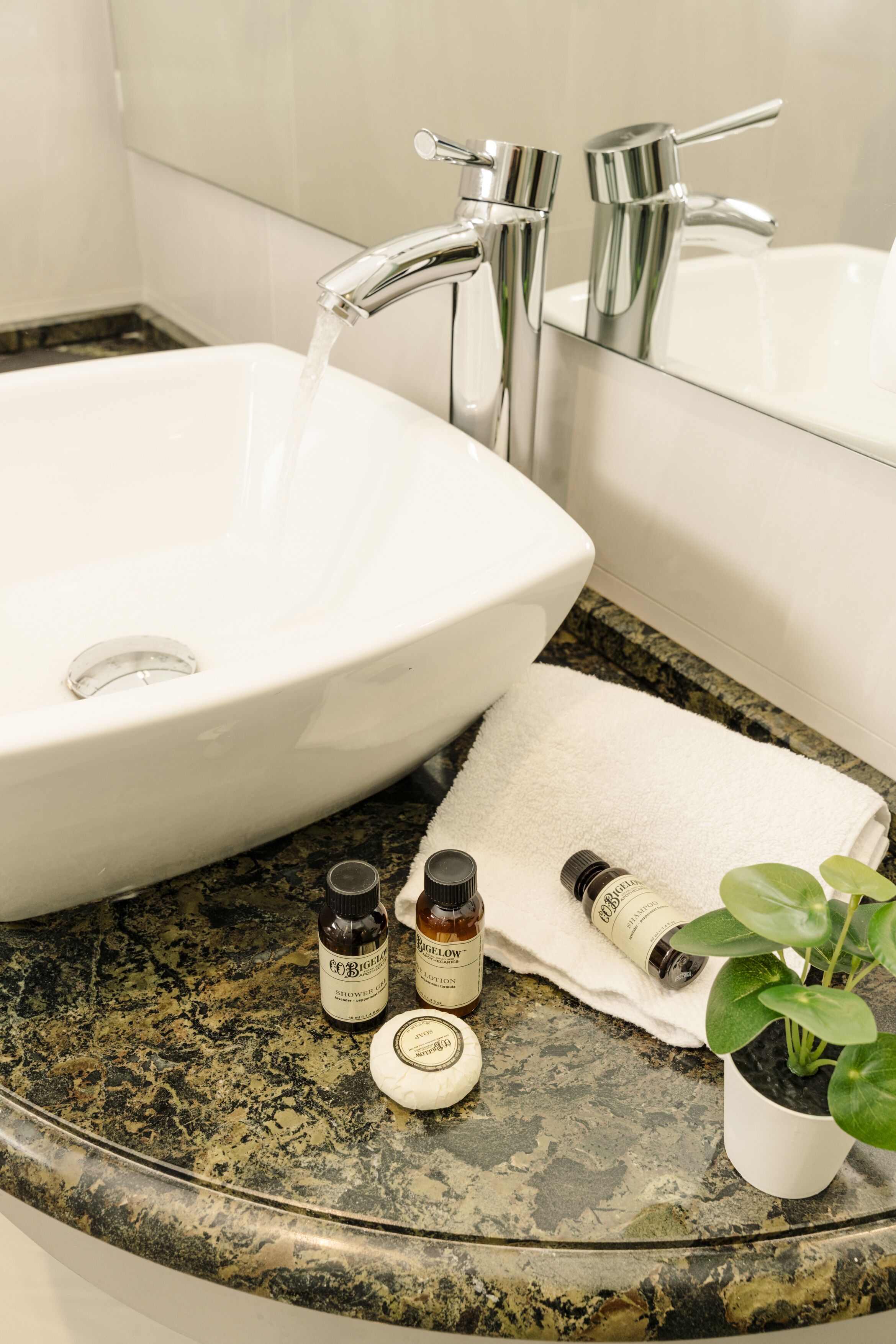 combined shower/bathtub, designer toiletries, hair dryer, slippers